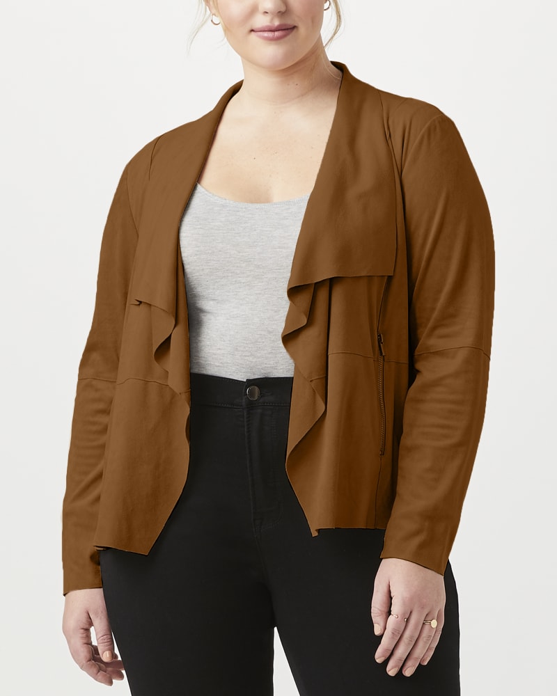 Front of a model wearing a size 1X Amanda Faux Suede Draped Jacket in Taupe by Bagatelle. | dia_product_style_image_id:257860